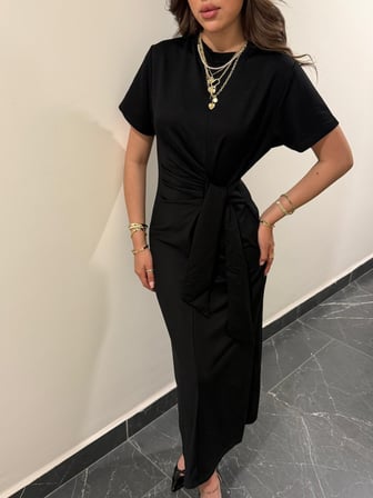 Kadın Kısa Kollu Bisiklet Yaka Yandan Bağlamalı Viskon Iki Iplik Elbise