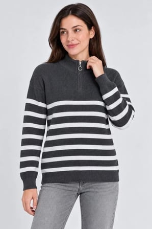 Dik Yaka Yarım Fermuarlı Çizgili Selanik Örgü Triko Kazak - Füme