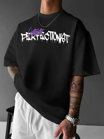 Baskılı Oversize Bisiklet Yaka T-shirt Siyah M Beden