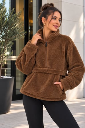 Kadın Peluş Wellsoft Sweatshirt Yarım Fermuarlı Kanguru Cepli