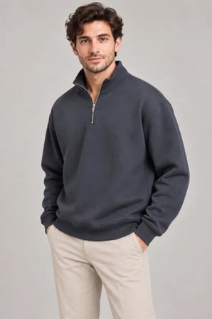 Erkek Füme Dik Yaka Yarım Fermuarlı Şardonlu Kışlık Sweatshirt