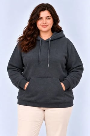 Battal Büyük Beden Füme Kapüşonlu Kanguru Cepli Şardonlu Sweatshirt