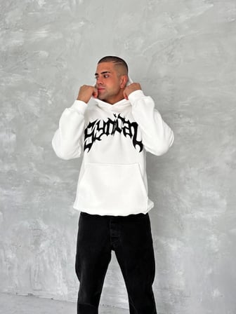 Unisex Kapşonlu Baskılı Üç İplik Sweatshirt - Beyaz