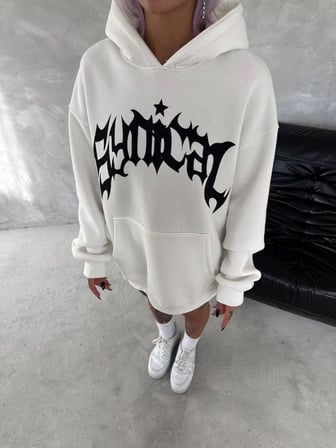 Beyaz Kapşonlu Baskılı Unisex Üç İplik Sweatshirt