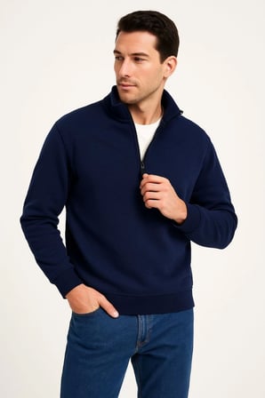 Erkek Dik Yaka Sweatshirt Dik Yaka Yarım Fermuarlı 3 İplik Şardonlu Pamuk Kumaş - Lacivert