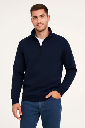 Erkek Dik Yaka Sweatshirt Dik Yaka Yarım Fermuarlı 3 İplik Şardonlu Pamuk Kumaş - Lacivert