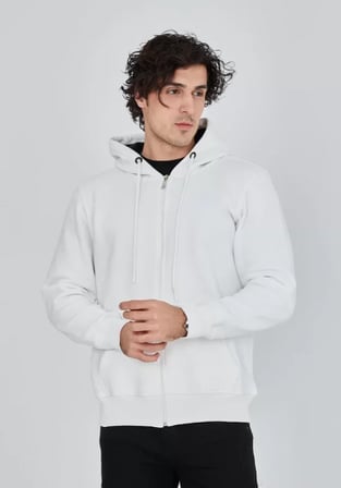 Unisex Tam Fermuarlı Kapşonlu Sweatshirt Beyaz L Beden