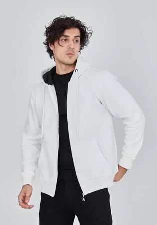 Unisex Tam Fermuarlı Kapşonlu Sweatshirt Beyaz L Beden