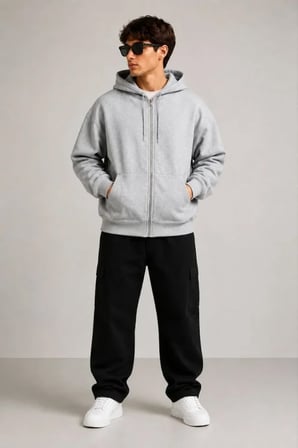 Erkek 3 İplik Şardonlu Tam Fermuarlı Kapüşonlu Arka Çanta Detaylı Sweatshirt - Gri