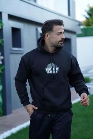 Erkek Siyah Kapüşonlu Oversize Sweatshirt - Sırt Baskılı Üç İplik