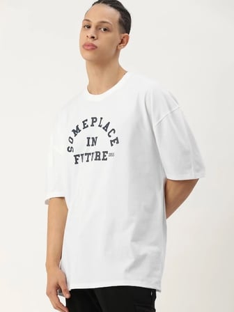 Erkek Beyaz Baskılı Oversize T-shirt - M Beden
