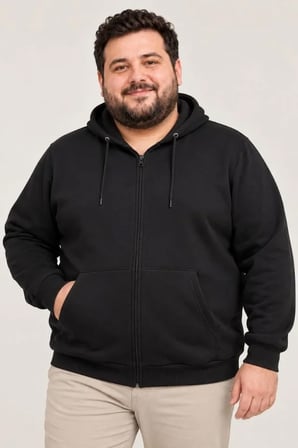 Erkek Battal Büyük Beden Üç İplik İçi Şardonlu Kapüşonlu Tam Fermuarlı Kışlık Sweatshirt - Siyah