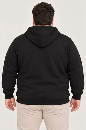 Erkek Battal Büyük Beden Üç İplik İçi Şardonlu Kapüşonlu Tam Fermuarlı Kışlık Sweatshirt - Siyah