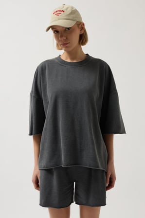 Oversize Lazer Kesim Bisiklet Yaka T-Shirt