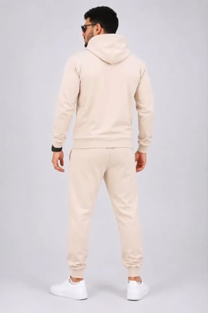Bej Erkek Kapüşonlu Kanguru Cepli Sweatshirt Jogger Pantolon Eşofman Takımı