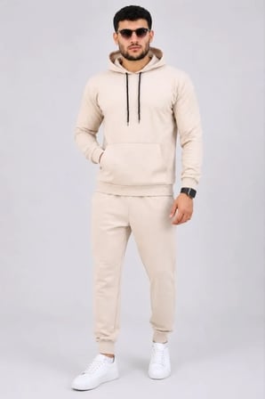 Bej Erkek Kapüşonlu Kanguru Cepli Sweatshirt Jogger Pantolon Eşofman Takımı