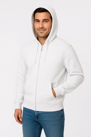 Erkek Üç İplik Kapüşonlu Tam Fermuarlı Kanguru Çepli SweatShirt Hoodie - Beyaz