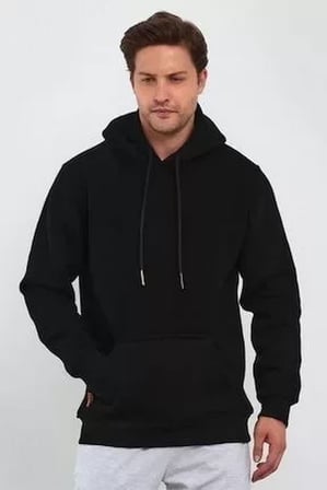 Erkek Siyah Uzun Kol Kapşonlu Basic Sweatshirt Hoodie