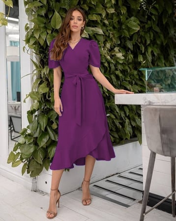 Kadın Kruvaze Yaka Kuşaklı Krep Midi Elbise 120 Cm