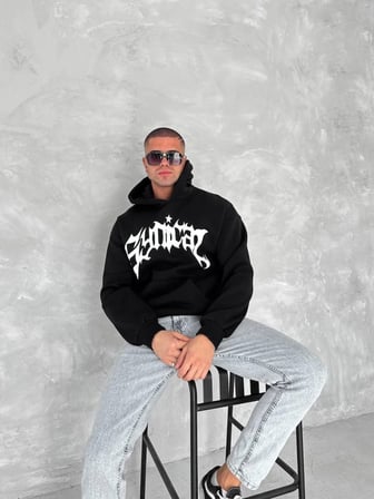 Unisex Siyah Üç İplik Kapşonlu Baskılı Sweatshirt