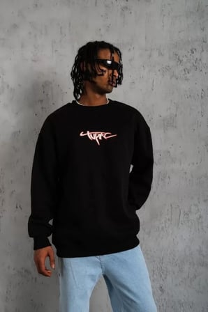 Erkek Siyah 3 İplik Gangster Baskılı Sweatshirt