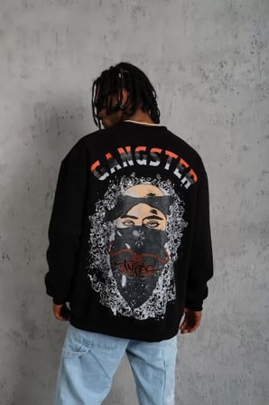 Erkek Siyah 3 İplik Gangster Baskılı Sweatshirt