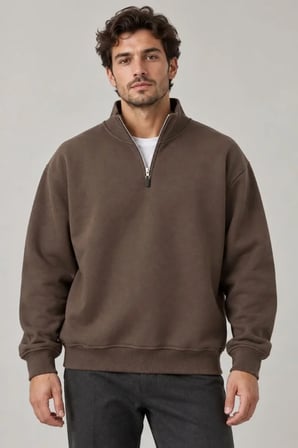 Erkek Üç İplik İçi Şardonlu Dik Yaka Yarım Fermuarlı Kışlık Sweatshirt - Kahverengi