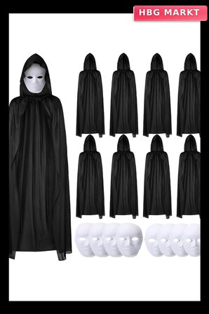 120 cm Siyah Kapüşonlu Pelerin ve Boyanabilir Karton Maske 8'li Set