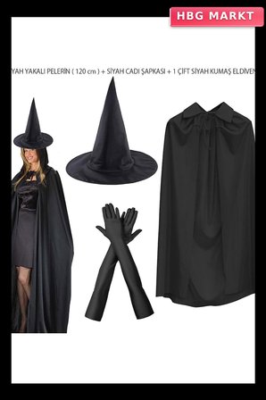 120 cm Siyah Yakalı Cadı Pelerini, Cadı Şapkası ve Siyah Kumaş Eldiven Seti