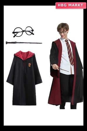 Harry Potter Gryffindor Kapişonlu Çocuk Kostüm Asa Gözlük Seti 7-8 Yaş
