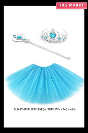 Mavi Prenses Elsa Kostüm Seti 3 Parça Tütü Etek, Taç ve Asa