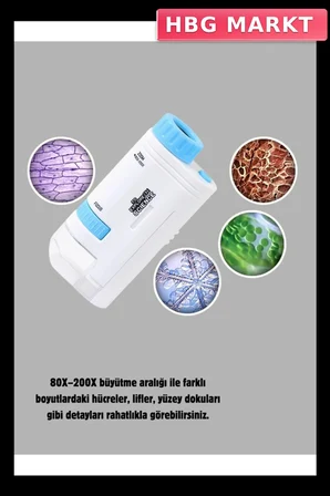 Mey İthalat® Taşınabilir Mini Mikroskop LED Işıklı 80X–200X Büyütmeli ve Odak Ayarlı