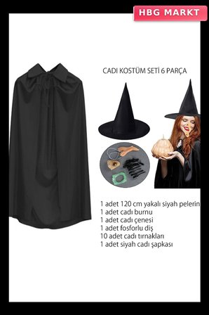 Cadı Kostüm Seti 6 Parça: Şapka, Pelerin, Diş, Tırnaklar, Çene ve Burun