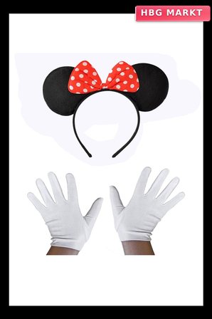 Kırmızı Fiyonklu Minnie Mouse Tacı ve Beyaz Eldiven Seti