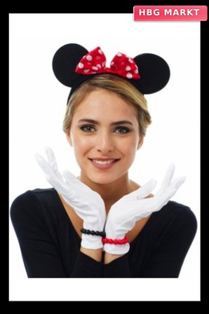 Kırmızı Fiyonklu Minnie Mouse Tacı ve Beyaz Eldiven Seti
