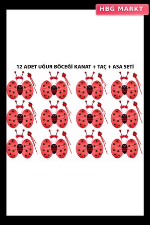 Uğur Böceği Kostüm Seti Kanat Taç Asa 3 Parça 12 Adet