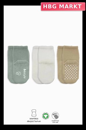 Mey İthalat®   Basic Kaymaz Penye Soket Çorap 3'Lü BS10107 Nil Ekru Bej