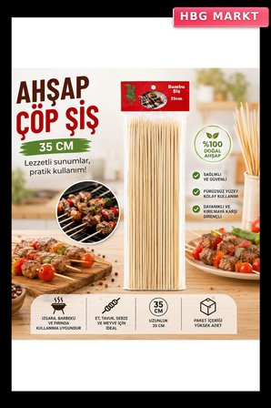 Ahşap Çöp Şiş 35 cm 46 Adet Barbekü ve Mangal İçin