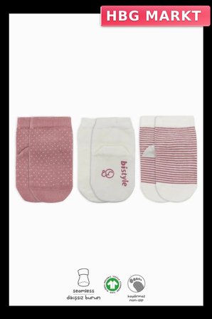 Mey İthalat®  Puanlı Kaymaz Penye Soket Çorap 3'Lü BS10108 Pudra