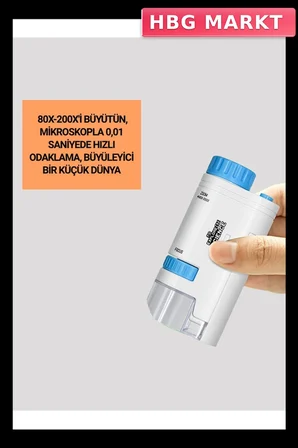 Mey İthalat® Taşınabilir LED Işıklı Cep Mikroskop – 80X–200X Büyütme