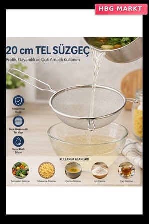 20 cm Tel Süzgeç Metal Saplı Kulaklı