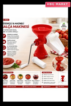 Plastik Süzgeçli Hazneli Salça Makinesi Metal Kollu