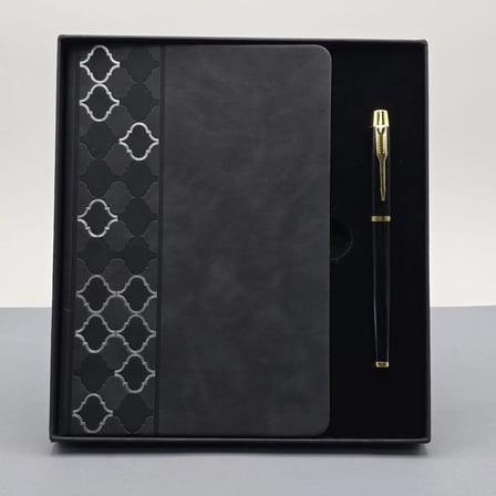 Desenli Siyah Deri Defter Kalem Set