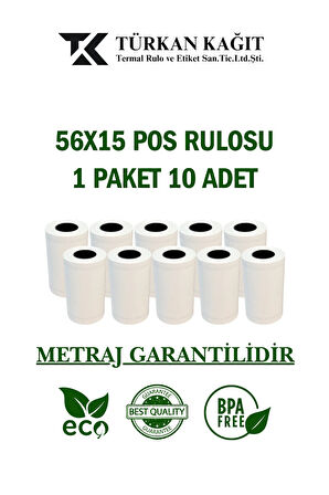 56x15 Termal Rulo - Yazarkasa Pos Rulosu - 1 Paket 10 Adet