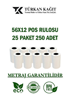 56x12 Pos Rulosu 25 Paket 250 Adet Termal Rulo - Yazarkasa Pos Rulosu - Pos Kağıdı