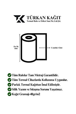 56x12 Pos Rulosu 25 Paket 250 Adet Termal Rulo - Yazarkasa Pos Rulosu - Pos Kağıdı