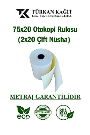 75x20 Otokopi Rulosu 2x20mt Çift Nüsha 15 Paket 150 Adet
