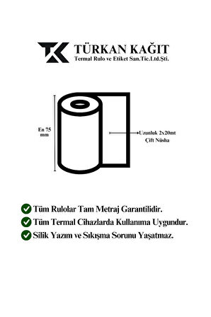 75x20 Otokopi Rulosu 2x20mt Çift Nüsha 15 Paket 150 Adet