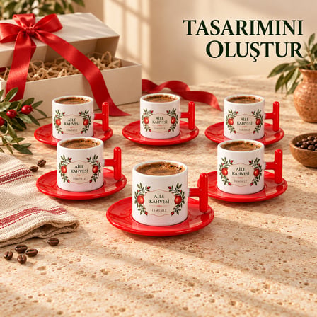 Kişiye Özel İsim Baskılı 6’lı Türk Kahvesi Fincan Takımı 90 ml – Kırmızı Tabaklı