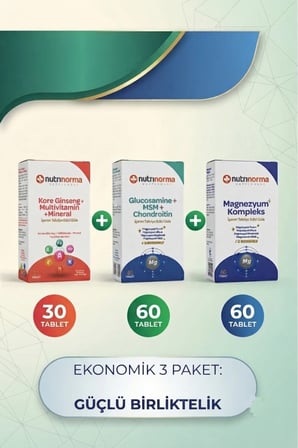 Ekonomik 3'lü Premium Destek Paketi | Kore Ginseng + Multivitamin & Mineral 30 Tablet + Glukozamin MSM Kondroitin 60 Tablet + Magnezyum Kompleks 60 Tablet | Takviye Edici Gıda Seti